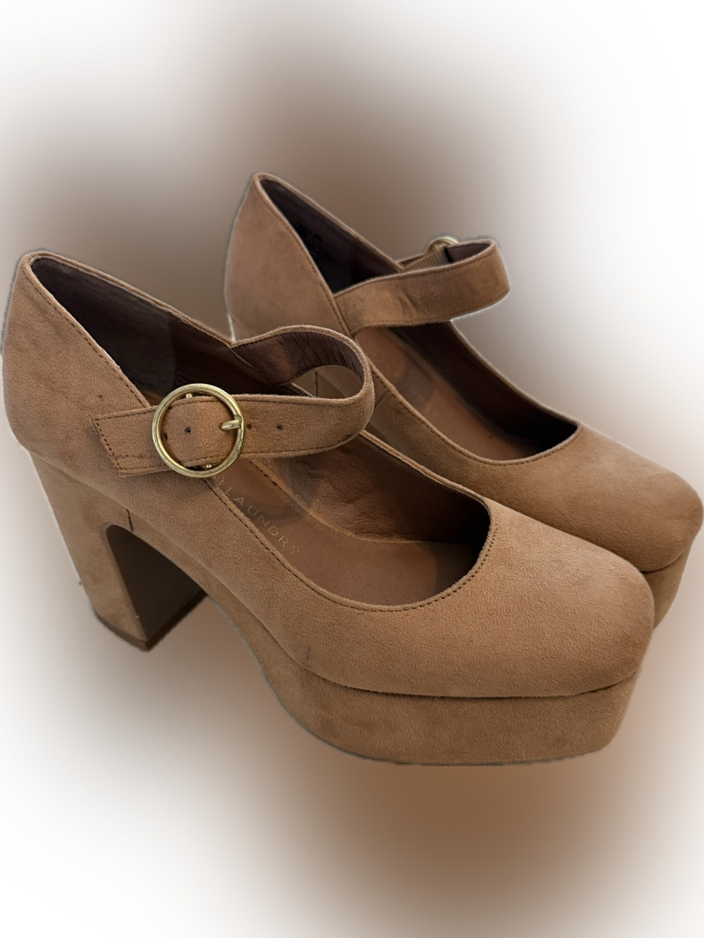 Chinese Laundry Tan Suede Mary Jane Platform Heels with Gold Buckle - NWOT